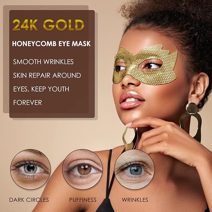 24k Gold Eye Masks, Under Eye Patches Honeycomb Eye Treatment Mask for Dark Circles and Puffiness, Eye Care Pads Skincare Reduce Puffy Wrinkles Eye Patch Gift for Adults Women Men Kids Girls -8 PCS-Velvo Beauty