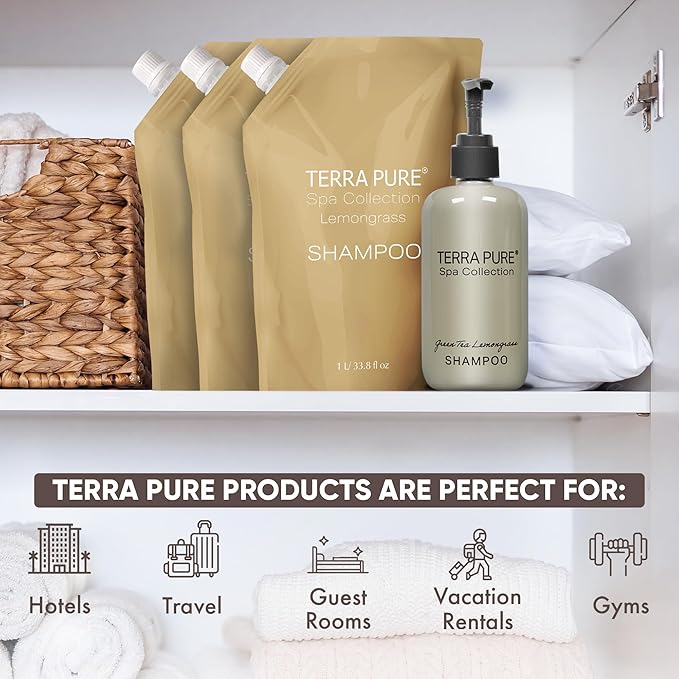 Terra Pure Spa Collection 1 Liter Conditioner Refill Bag For Soap Dispensers | Bulk Toiletries for Vacation Rentals, and Home Bathroom Showers | Green Tea Lemongrass | Single-Velvo Beauty
