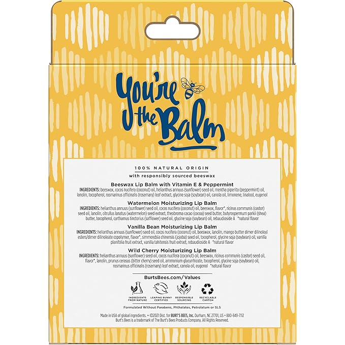 Burt's Bees You're the Balm Lip Balm Pack, With Beeswax, Wild Cherry, Watermelon and Vanilla Bean Flavors, With Responsibly Sourced Beeswax, Tint-Free, Natural Origin Lip Treatment, 4 Tubes, 0.15 oz.-Velvo Beauty