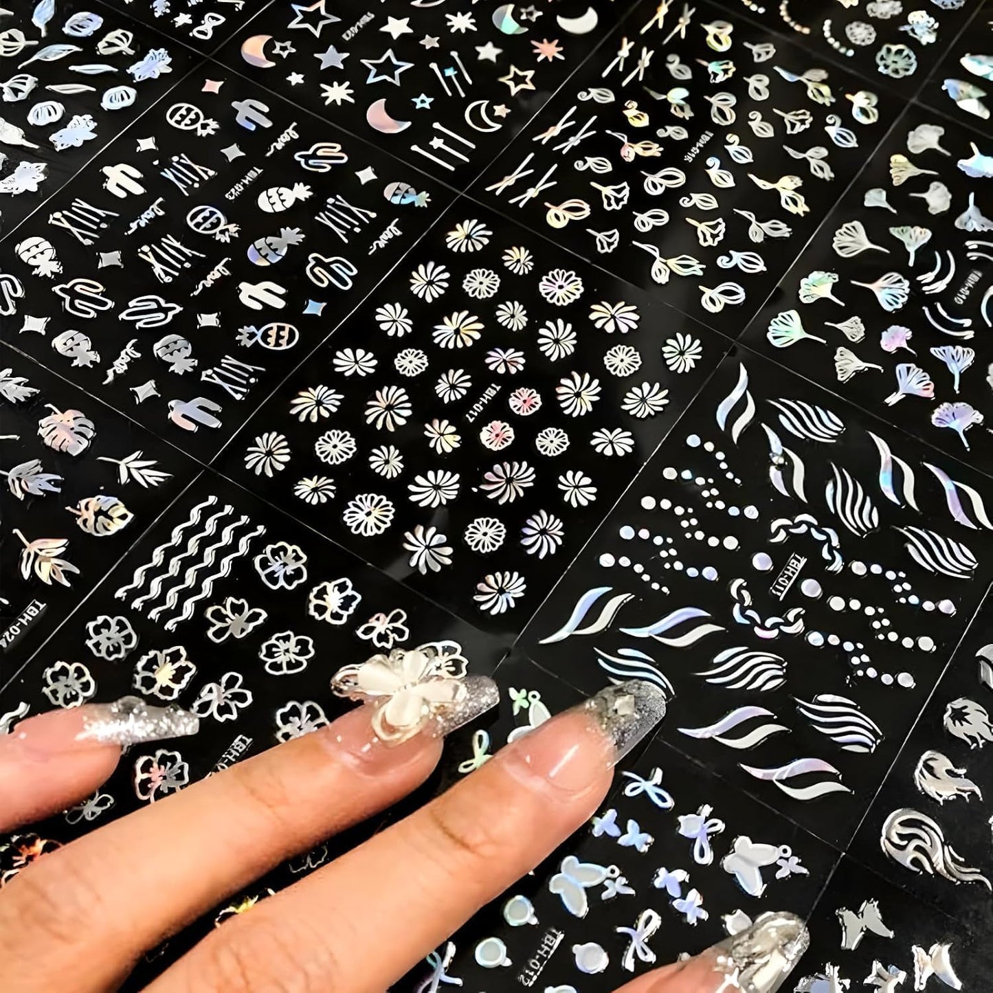 30 Sheets Aurora Nail Art Stickers Heart Star Nail Decals 3D Self-Adhesive Holographic Laser Star Nail Stickers Glitter Flower Butterfly Pattern Acrylic Design for Women Girls DIY Nail Art Decoration-Velvo Beauty