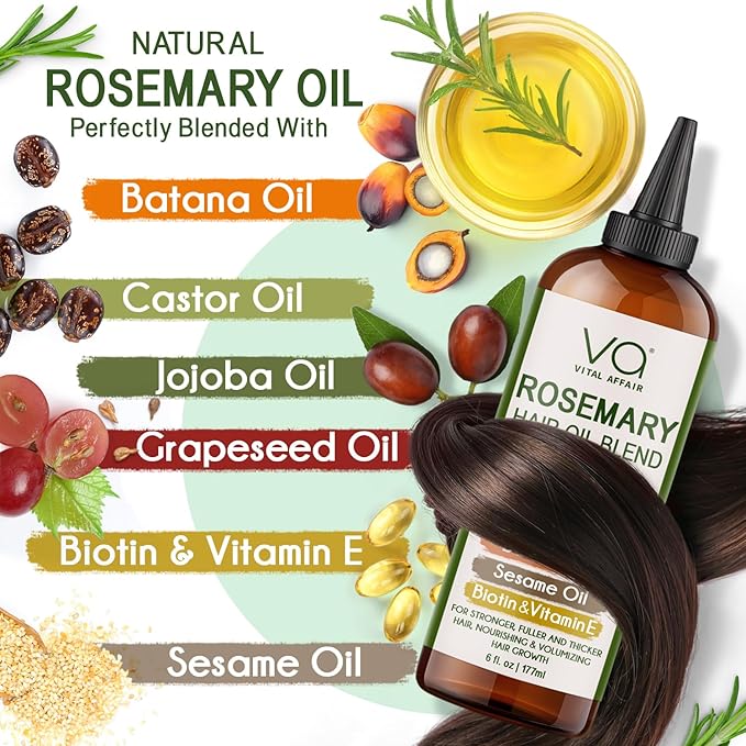 Blend Of Pure Rosemary Oil For Hair Growth With Castor, Batana, Jojoba Oil-Infused With Biotin & Vitamin E-Blend of Effective Hair Oils for Hair Growth-Strengthening Treatment 6 Fl Oz-Velvo Beauty
