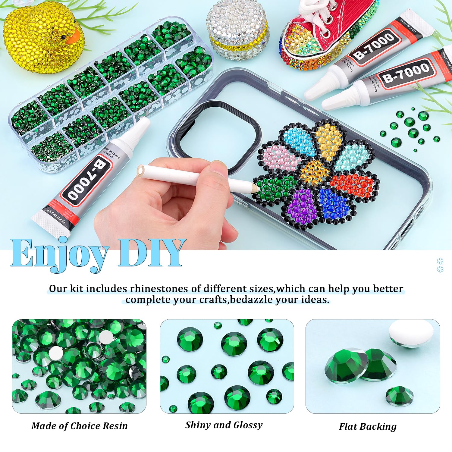 6000Pcs Resin Rhinestones for Bedazzling with 3Pcs B7000 Jewelry Glue, 1 Box Emerald Green Flatback Rhinestones for Crafting Crafts DIY, Crystals Gems for Clothing Shoes Tumblers Nail Art Makeup-Velvo Beauty