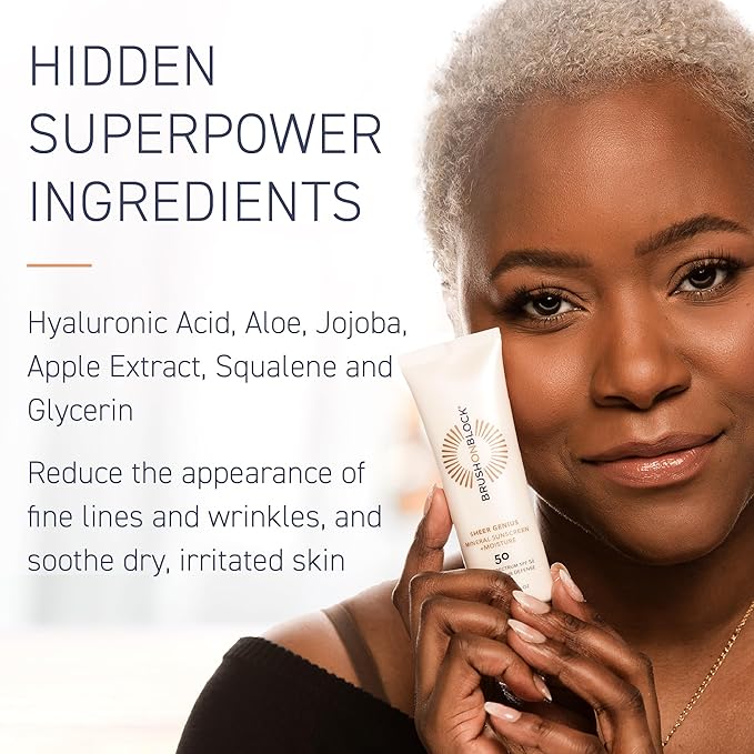 Brush On Block Untinted Mineral Sunscreen SPF 50 for Face | Broad Spectrum, Hyaluronic Acid, Sheer & Non-Greasy Moisturizer for Sensitive Skin, Zinc Oxide Sunscreen, P++++, Made in USA-Velvo Beauty