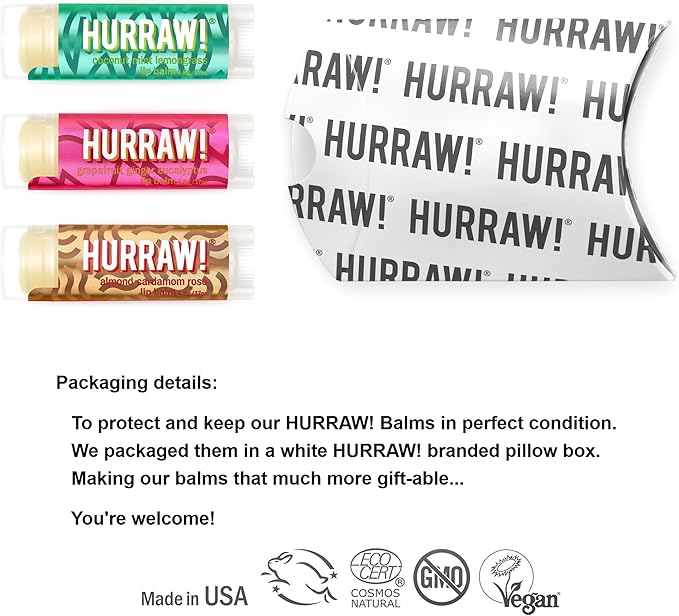 Hurraw! Pitta (Coconut, Mint, Lemon Grass), Kapha (Grapefruit, Ginger, Eucalyptus), Vata (Almond, Cardamon Rose) Lip Balms, 3 Pack Bundle: Organic, Certified Vegan, Cruelty, Gluten Free, 100% Natural-Velvo Beauty