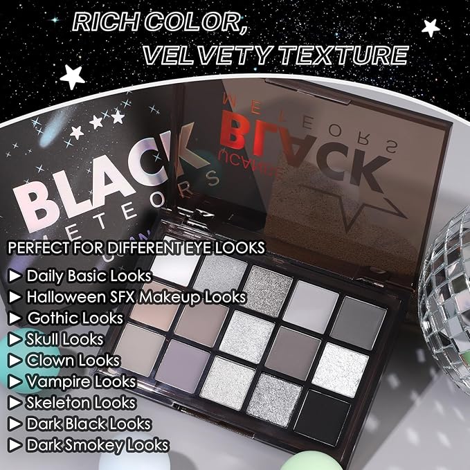 UCANBE Smokey Black Eyeshadow Palette, 15 Colors Dark Shimmer Matte Metallic Makeup Pallet, High Pigmented Gray Silver Sombras De Ojos Kit for Daily and Halloween-Velvo Beauty