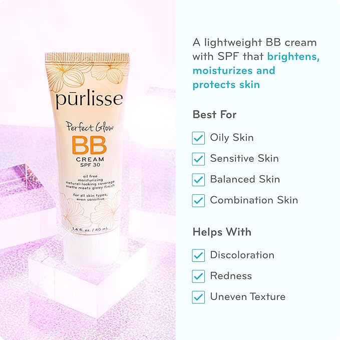 pūrlisse Perfect Glow BB Cream with SPF 30 - Matte Meets Dewy Finish - Enriched with Goji & Hawthorn Berry to Help Improve Skin Texture & Radiance - Light (1.4 oz)-Velvo Beauty