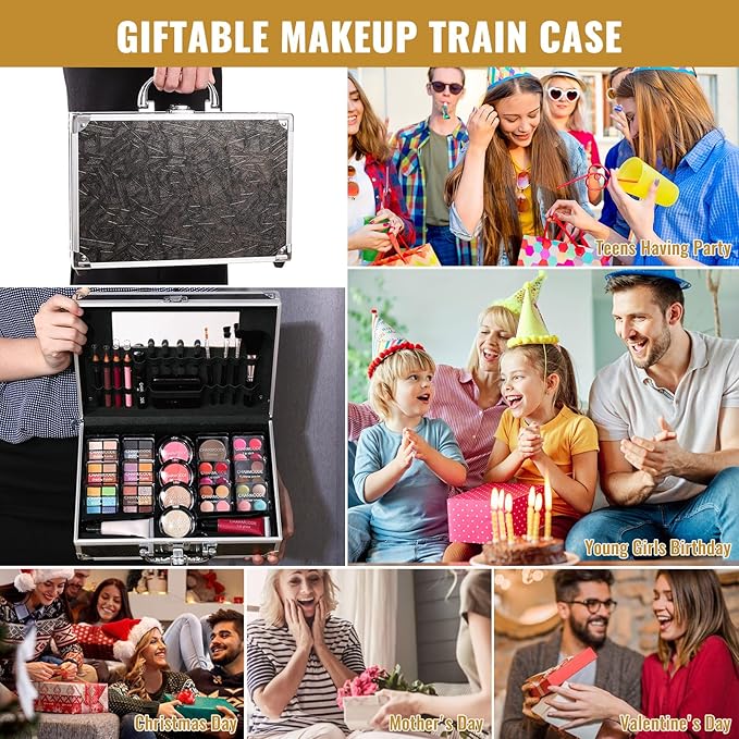 Makeup Kit for Teen Girls & Women Full Kit, Beauty Train Case with Starter Cosmetics Set, Make Up Valentine's Day Gift Box with Eyeshadow,Lipgloss,Highlight,Blush,Lip&Eye Pen,Brush & More(GoldenBrown)-Velvo Beauty