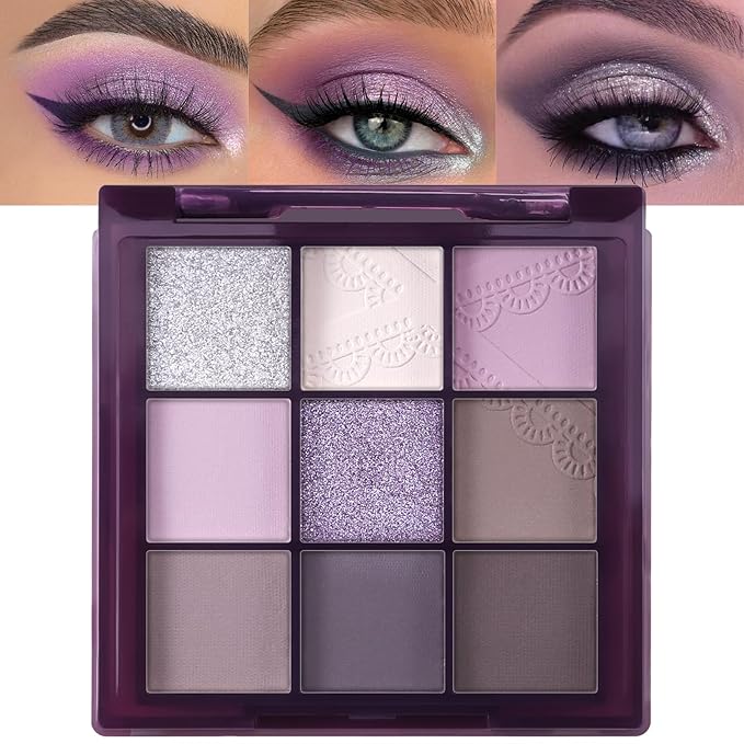 Erinde 9 Colors Eyeshadow Palette, Matte Shimmer Glitter Eye Shadow Palette Makeup, Highly Pigmented Long Lasting Waterproof, Natural Neutral Nude Eyeshadow Make Up Pallet, Purple Dreamscape-Velvo Beauty
