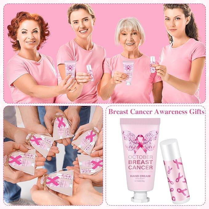 50 Set Breast Cancer Awareness Gifts Bulk Woman Pink Ribbon Lip Balm Hand Cream Include 50 Lip Balm 50 Hand Cream 50 Bag 50 Tag Breast Cancer Awareness Month Items Survivors Offices-Velvo Beauty