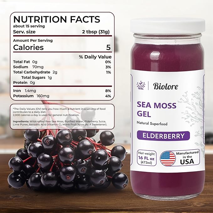 Biolore Sea Moss Gel - Elderberry 16oz, Wildcrafted Irish Seamoss with Essential Vitamins & Trace Minerals, Vegan Superfood Made in USA-Velvo Beauty