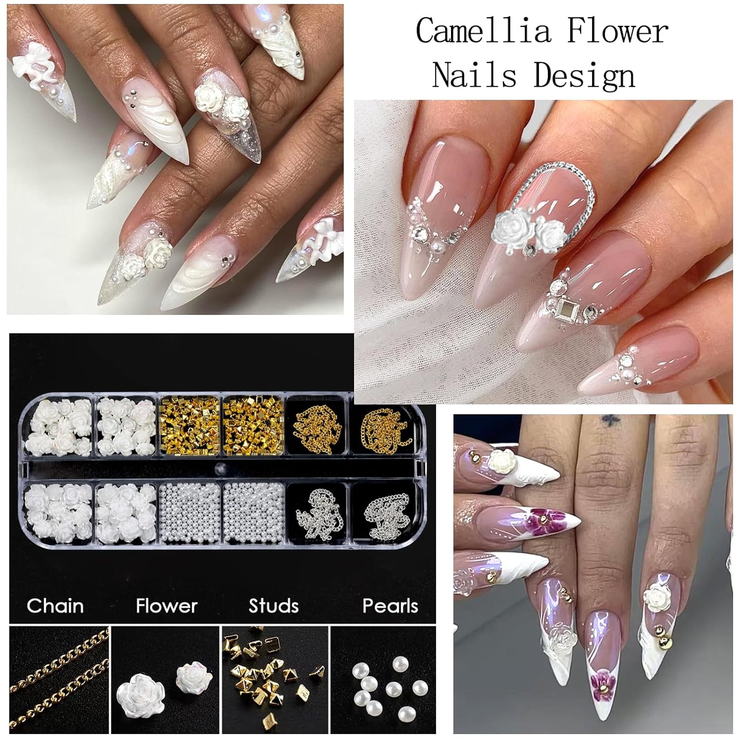 Nail Art Charms with Rhinestones Glue Gel White Flatback Pearls Luxurious Nail Charms Supplies Accessories Gold Silver Chains Nails Gems Jewelry Pearls for Women Nails Design-Velvo Beauty