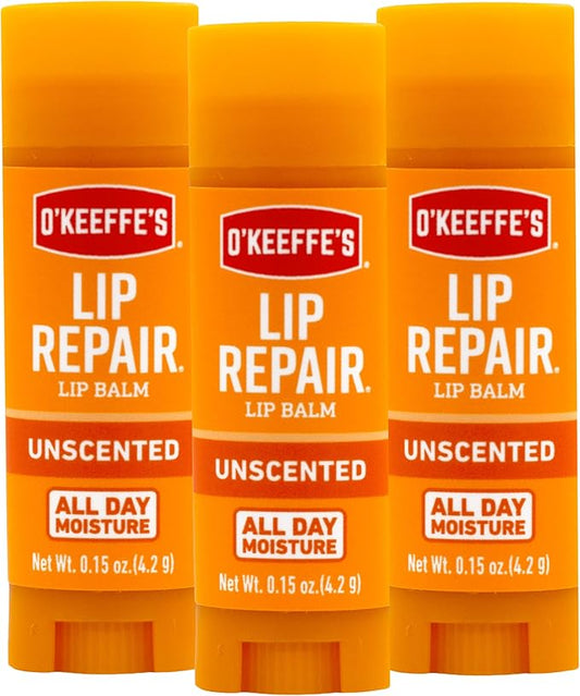 O'Keeffe's Unscented Lip Repair Lip Balm for Dry, Cracked Lips, Stick, (Pack of 3)-Velvo Beauty