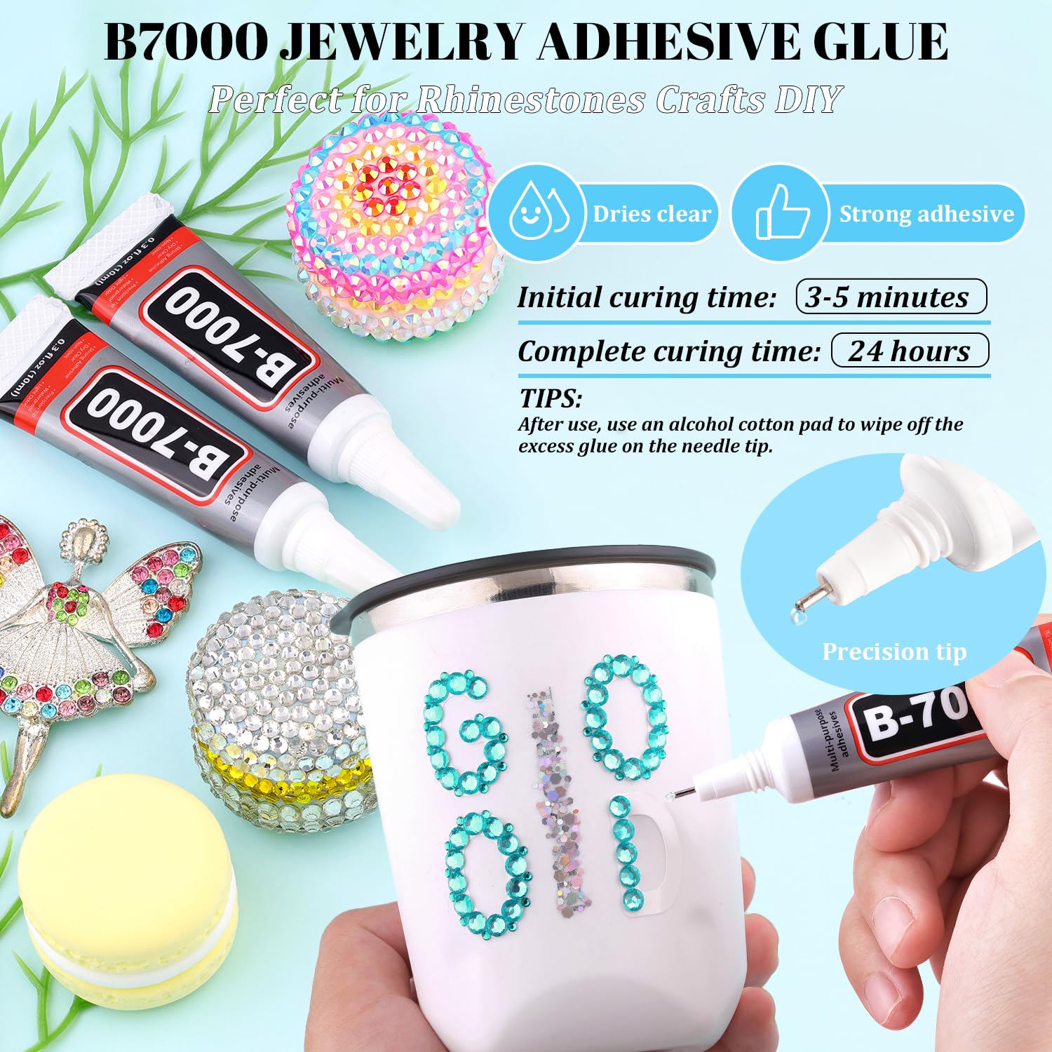 6000Pcs Resin Rhinestones for Bedazzling with 3Pcs B7000 Jewelry Glue, 1 Box Aquamarine Flatback Rhinestones for Crafting Crafts DIY, Crystals Gems for Clothing Shoes Tumblers Nail Art Makeup-Velvo Beauty
