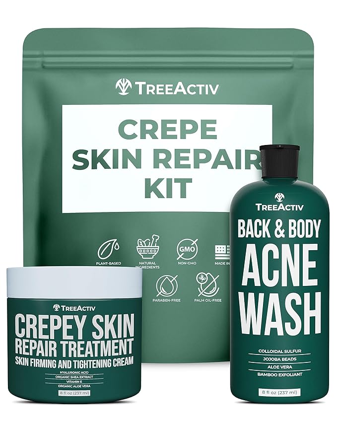 TreeActiv Crepey Skin Repair Kit, Includes Anti-Aging Exfoliating Body Wash, 8oz, Crepe Skin Cream, 8oz, Skin Tightening Cream for Body and Face. Hydrates and Tighten Dry Crepe Skin, Crepe Skin Cream-Velvo Beauty