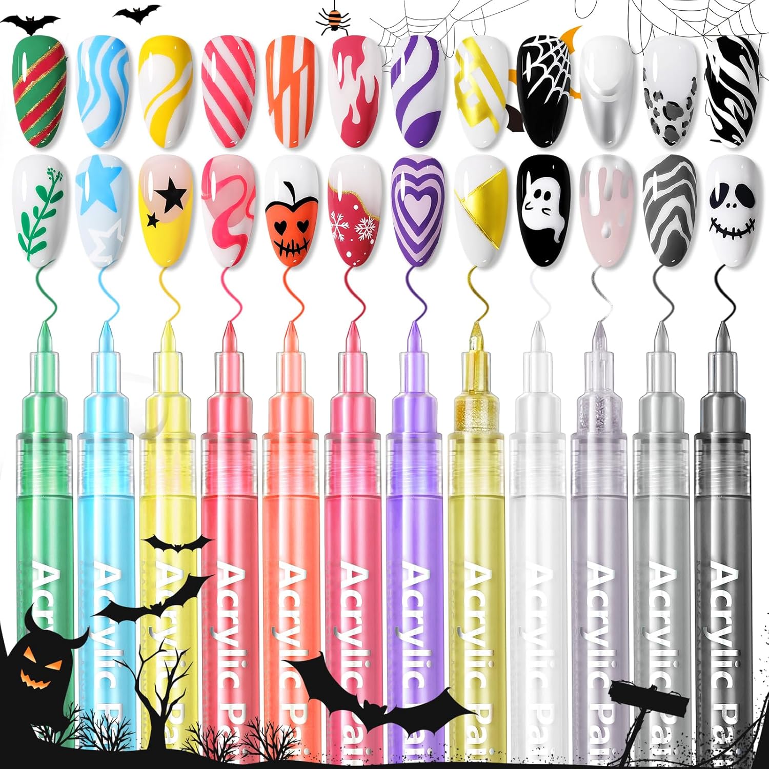 Born Pretty 12 Colors Nail Art Pens Set, Halloween Black White Orange Purple Colors 3D Acrylic Nail Polish Pens Quick Dry Nail Markers for Halloween Drawing Painting Dotting Pen DIY Manicure Tools-Velvo Beauty