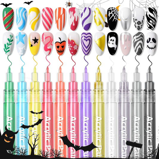 Born Pretty 12 Colors Nail Art Pens Set, Halloween Black White Orange Purple Colors 3D Acrylic Nail Polish Pens Quick Dry Nail Markers for Halloween Drawing Painting Dotting Pen DIY Manicure Tools-Velvo Beauty