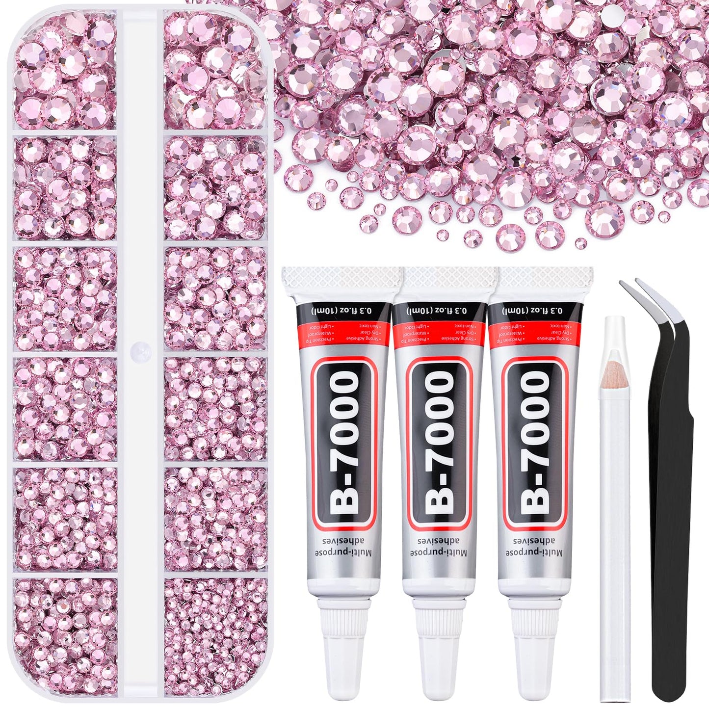 6000Pcs Resin Rhinestones for Bedazzling with 3Pcs B7000 Jewelry Glue, 1 Box Light Pink Flatback Rhinestones for Crafting Crafts DIY, Crystals Gems for Clothing Shoes Tumblers Nail Art Makeup-Velvo Beauty