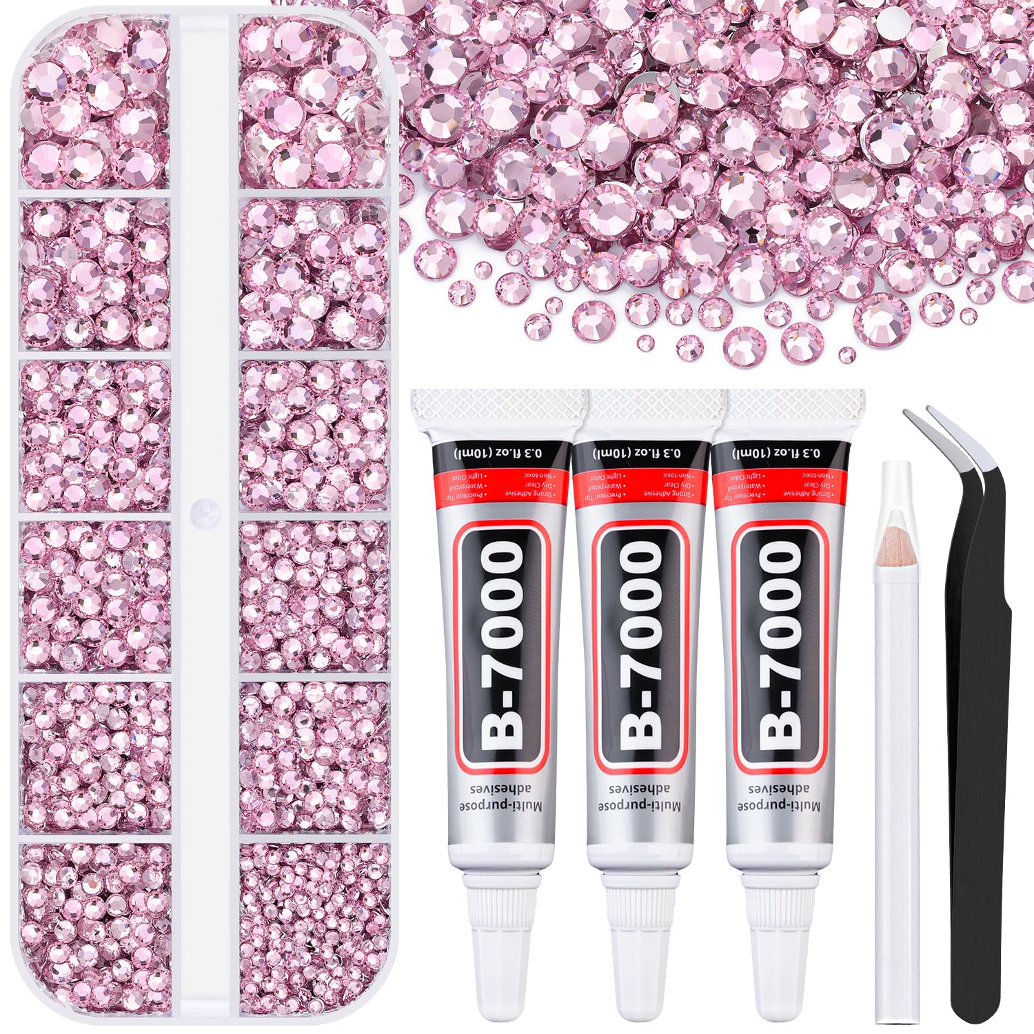 6000Pcs Resin Rhinestones for Bedazzling with 3Pcs B7000 Jewelry Glue, 1 Box Light Pink Flatback Rhinestones for Crafting Crafts DIY, Crystals Gems for Clothing Shoes Tumblers Nail Art Makeup-Velvo Beauty