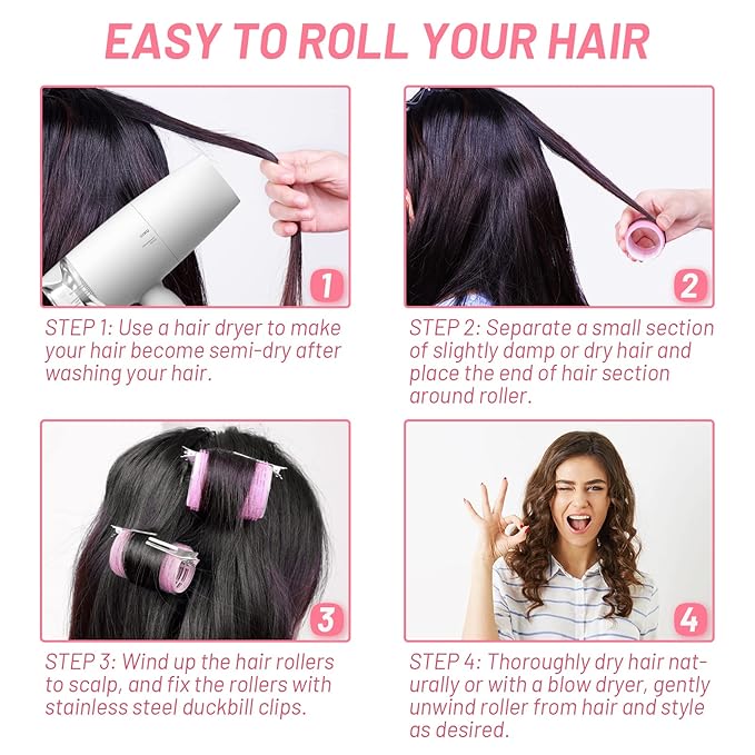Big Self-Grip Hair Rollers with Stainless Steel Duckbill Clips for Long, Medium Hair and Volume-Velvo Beauty