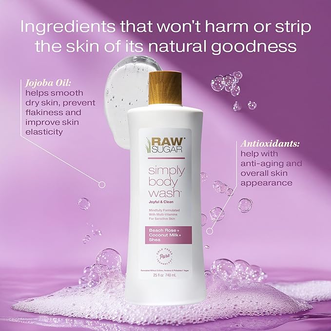 RAW SUGAR Simply Body Wash, Beach Rose + Coconut Milk + Shea (25 Fl Oz, Pack of 3) Sensitive Skin Bath Soap, Formulated without Sulfates & Parabens…-Velvo Beauty