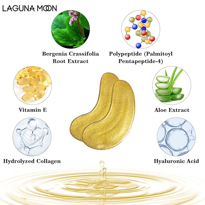 24K Gold Eye Mask, Anti-Aging Hydrolyzed Collagen and Hyaluronic Acid Under Eye Patches for Puffy Eyes & Bags, Dark Circles and Wrinkles, 16 pairs-Velvo Beauty