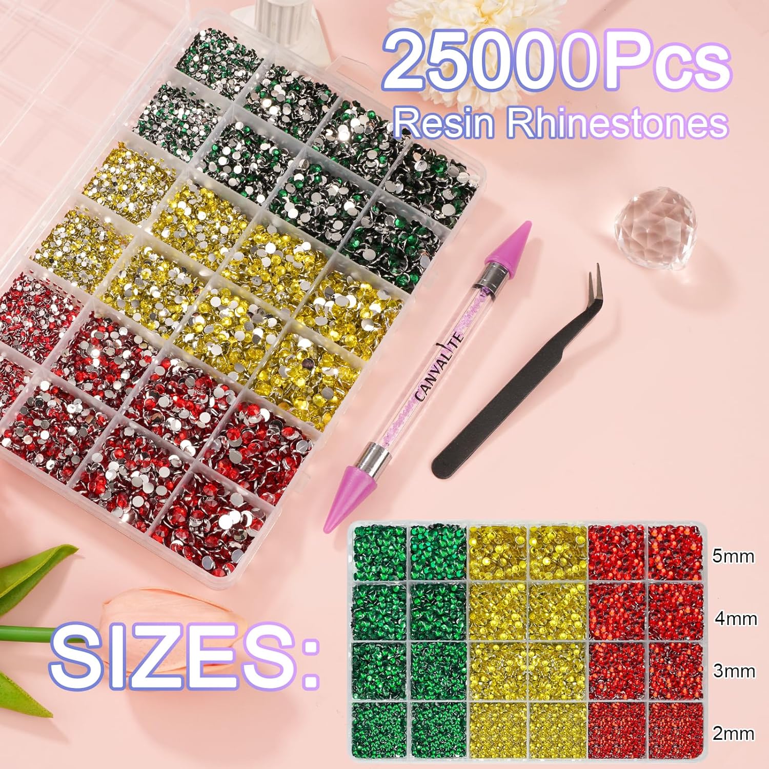 Canvalite 25000PCS Resin Jelly Rhinestones for Crafting, Christmas Flatback Gems, Bedazzling Crystal with 5x2.5g B7000 Jewelry Glue and Tweezers Dotting Pen for DIY Crafts Clothing Shoes Nail Art-Velvo Beauty