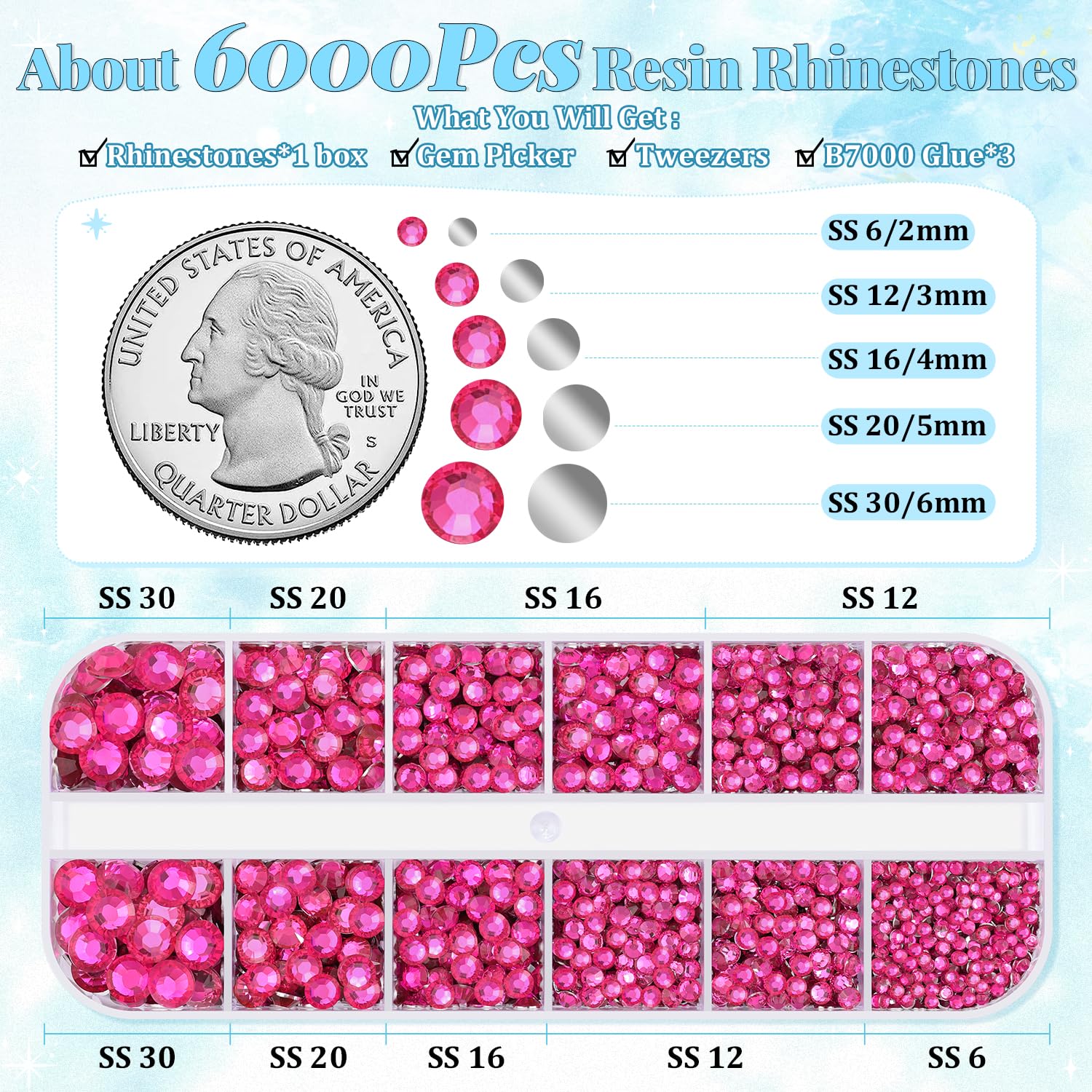 6000Pcs Resin Rhinestones for Bedazzling with 3Pcs B7000 Jewelry Glue, 1 Box Hot Pink Flatback Rhinestones for Crafting Crafts DIY, Crystals Gems for Clothing Shoes Tumblers Nail Art Makeup-Velvo Beauty