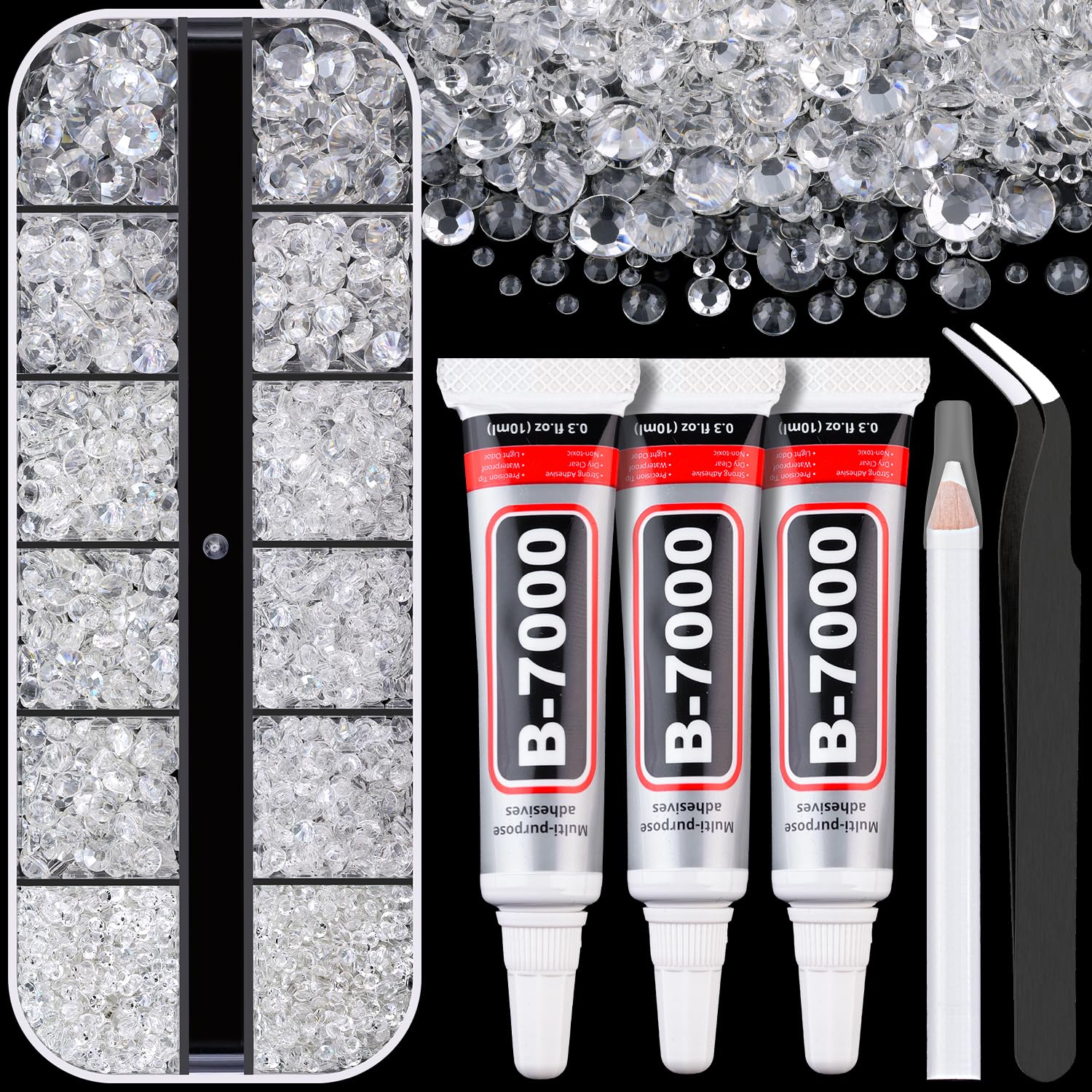 Resin Rhinestones for Crafting with B7000 Jewelry Glue, 1 Box Transparent Flatback Crystals with 3Pcs 10ml Glue for Bedazzling Crafts DIY Nail Art Makeup，Non Hotfix Gems for Clothing Shoes-Velvo Beauty