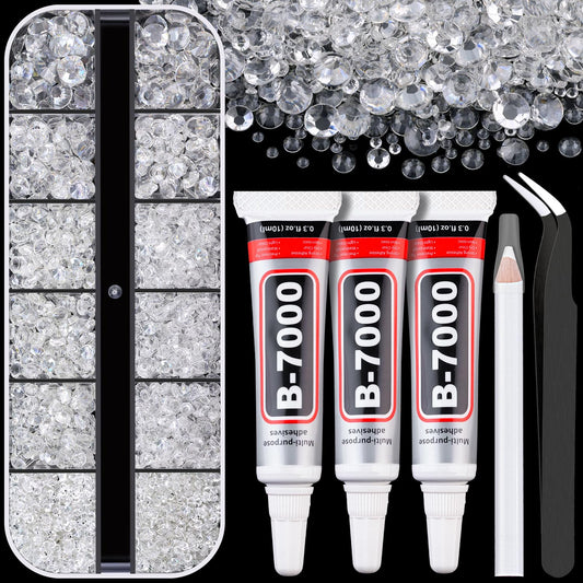 Resin Rhinestones for Crafting with B7000 Jewelry Glue, 1 Box Transparent Flatback Crystals with 3Pcs 10ml Glue for Bedazzling Crafts DIY Nail Art Makeup，Non Hotfix Gems for Clothing Shoes-Velvo Beauty
