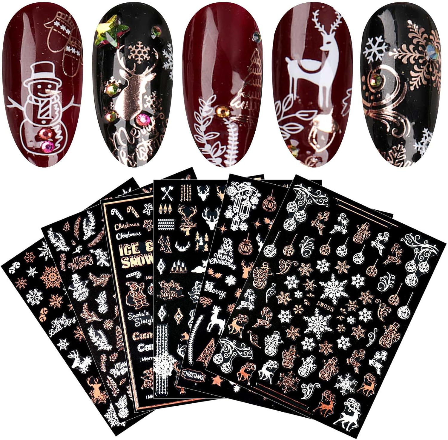9 Sheets Christmas Nail Art Stickers Decals Self-Adhesive Pegatinas Uñas Rose Gold Snowflake Tree Winter Nail Supplies Nail Art Design Decoration Accessories-Velvo Beauty