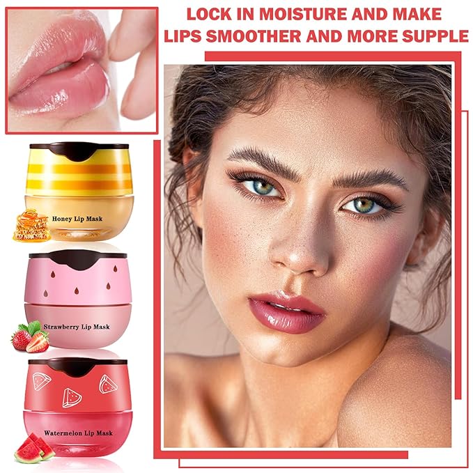 3PCS Bee Lip Balm Honey Pot Honey Strawberry Watermelon Lip Balm Sleeping Lip Mask Silky Hydrating Bee Lip Balm Honey Lip Mask Overnight Lip Care Products(Honey+Strawberry+Watermelon)-Velvo Beauty