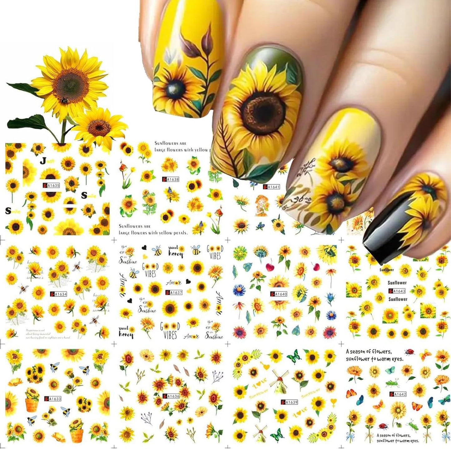 Sunflower Nail Stickers Decals Spring Summer Nail Art Water Transfer Floral Butterfly Honeybee Yellow Flower Supplies Cute Accessories for Women Girls 12Pcs-Velvo Beauty