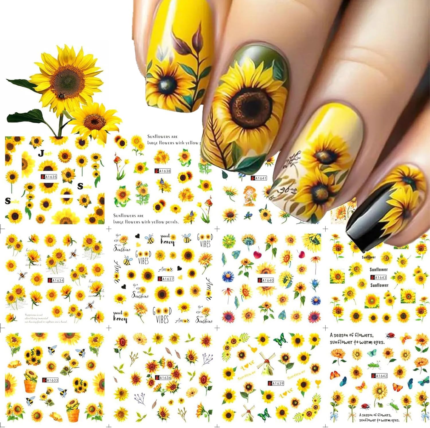 Sunflower Nail Stickers Decals Spring Summer Nail Art Water Transfer Floral Butterfly Honeybee Yellow Flower Supplies Cute Accessories for Women Girls 12Pcs-Velvo Beauty
