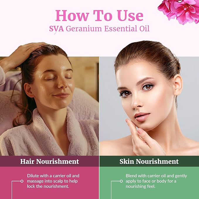 SVA Geranium Essential Oil Organic – 1 Fl Oz – 100% Natural Organic Geranium Oil - for Diffuser, Hair Care, Face, Skin Care, Aromatherapy, Scalp and Body Massage, Soap and Candle making – with Dropper-Velvo Beauty