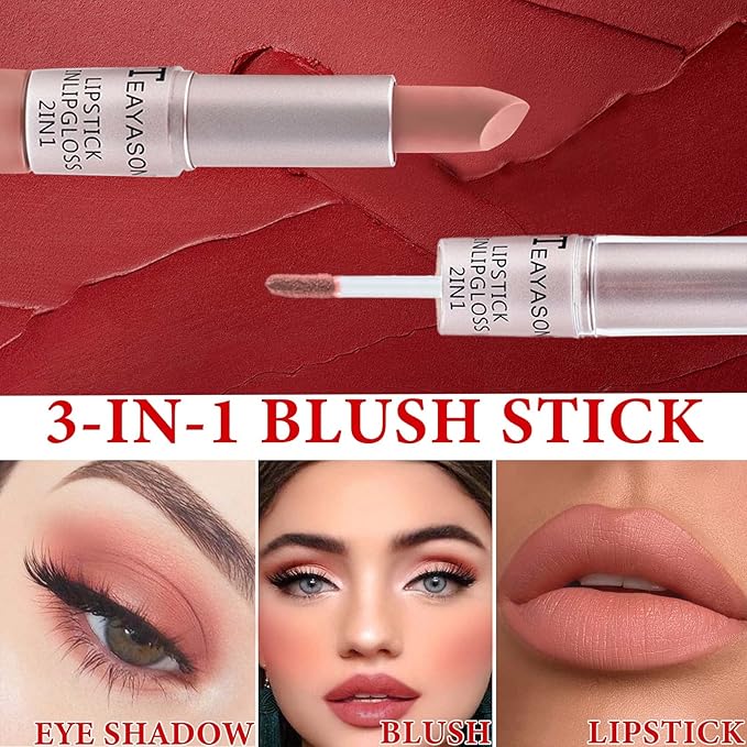 Cream Blush Stick,Blush Stick for Cheeks with Contour Brush,3-in-1 Long Lasting Waterproof Blush&Eye Shadow&Lip Gloss for All Skin Types（02 Rose Pink）-Velvo Beauty
