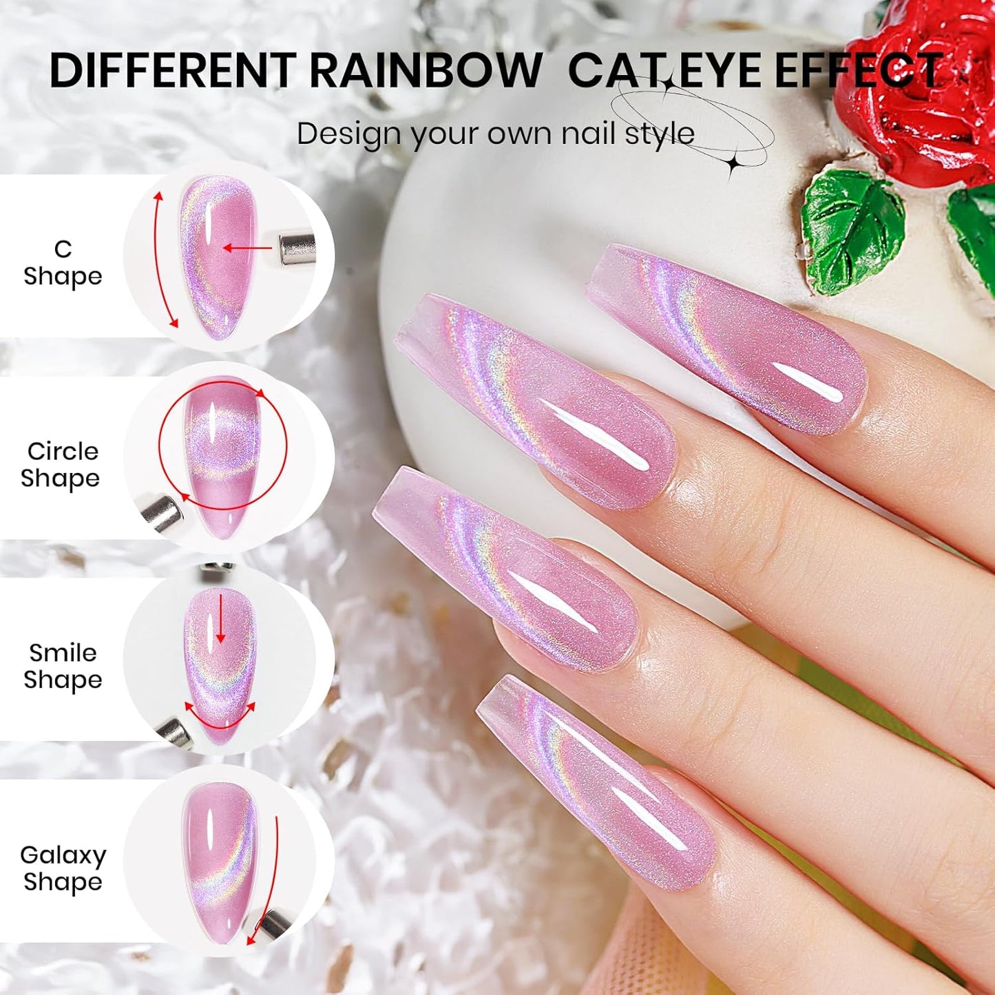 Pink Rainbow Cat Eye Gel Nail Polish Glitter Holographic Gel Polish with Magnetic Stick for a Glittery Iridescent Galaxy Effect Soak Off UV Lamp Perfect for Nail Art & DIY Manicures at Home-Velvo Beauty