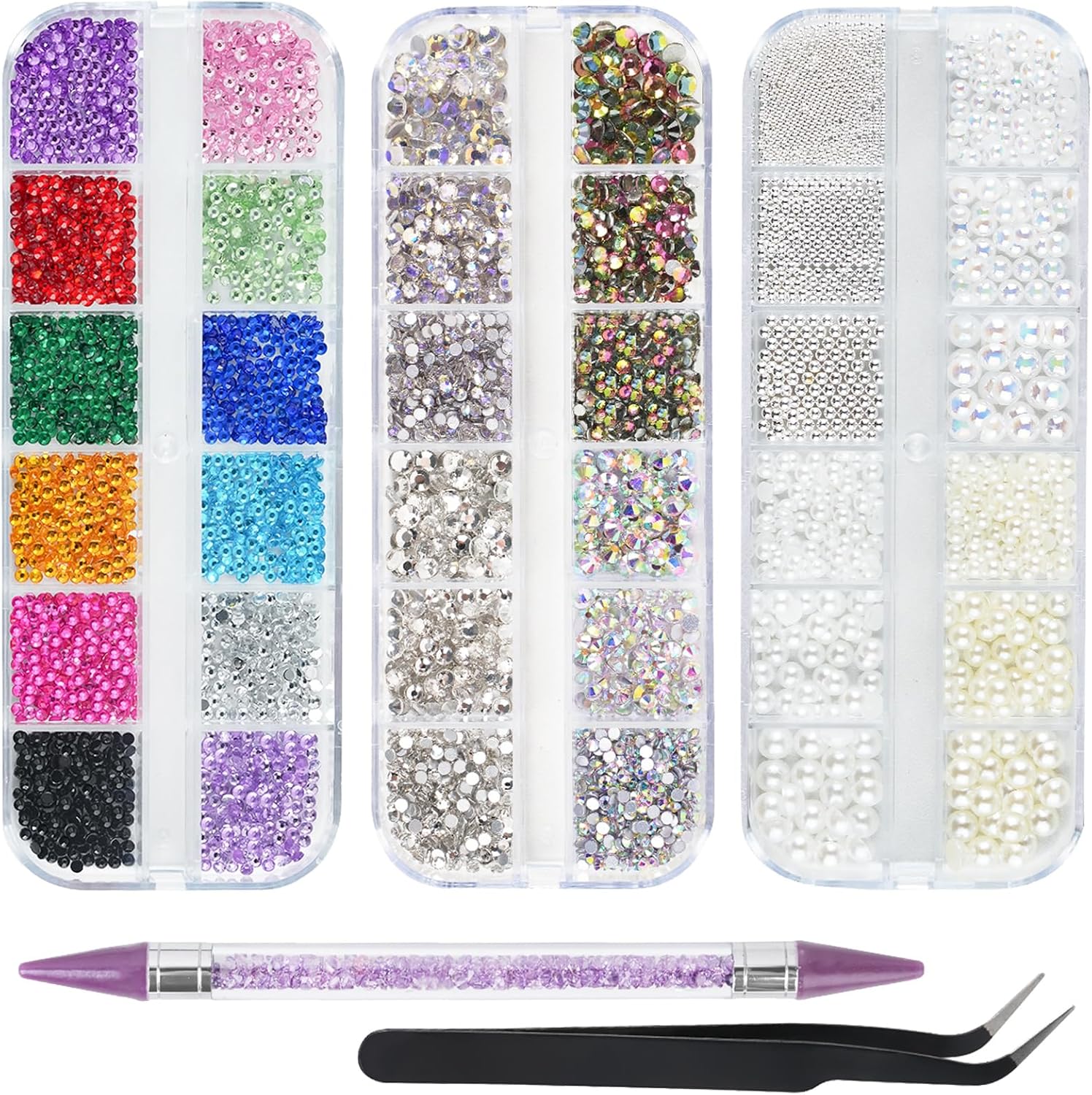 5200PCS Nail Gems and Charms, AB Crystal Nail Rhinestones with Flatback Nail Pearls, Pick Up Tweezers, Rhinestone Picker Tool, Flat Back Nail Gems for Nail Art, Clothes, Face, Craft-Velvo Beauty