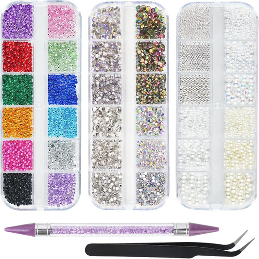 5200PCS Nail Gems and Charms, AB Crystal Nail Rhinestones with Flatback Nail Pearls, Pick Up Tweezers, Rhinestone Picker Tool, Flat Back Nail Gems for Nail Art, Clothes, Face, Craft-Velvo Beauty