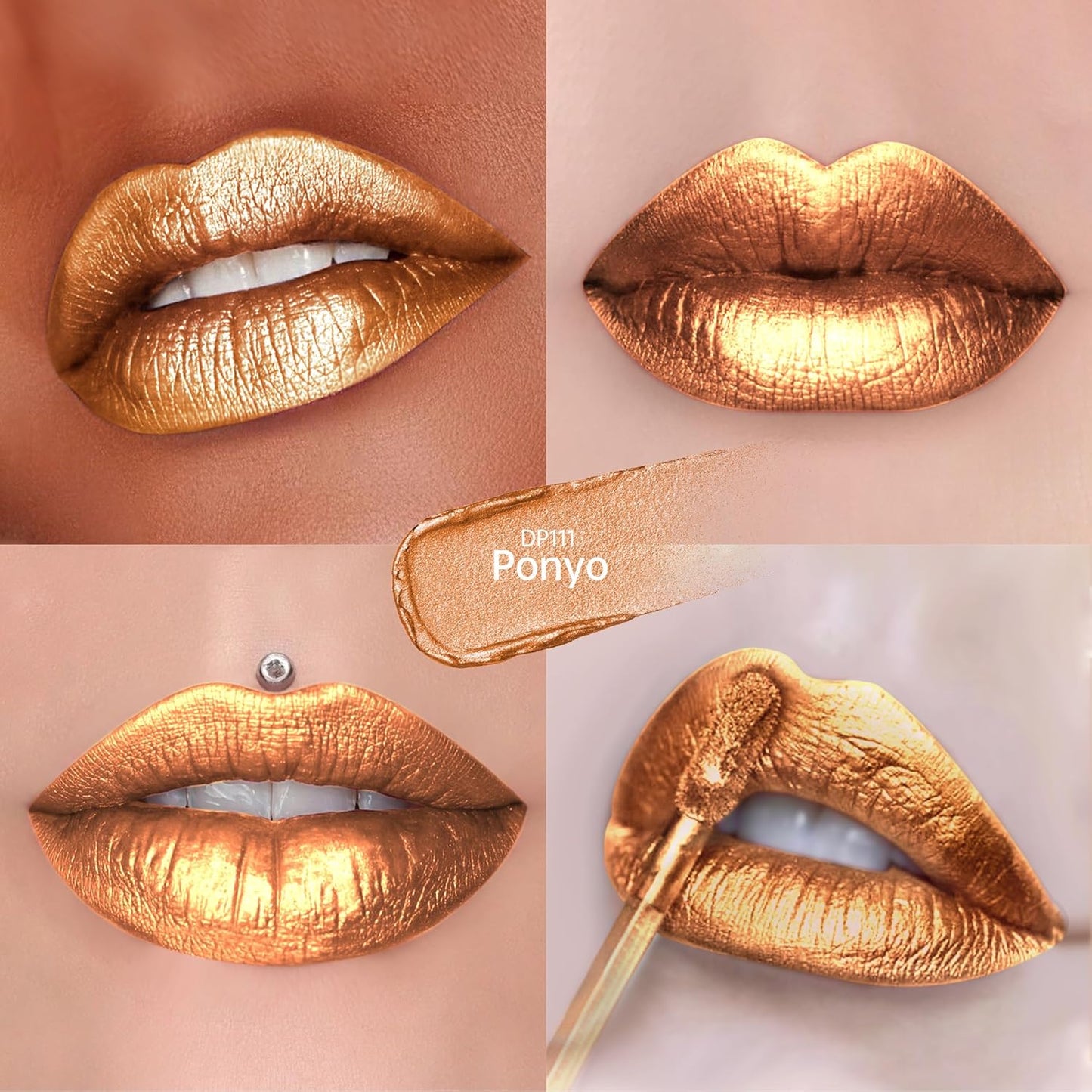 Gold Lipsticks for Women Metallic Lipstick Long Lasting Non Stick Cup Lip Gloss, Shimmer Lightweight Hydrating Full Coverage Lip Color,DP111 Ponyo-Velvo Beauty
