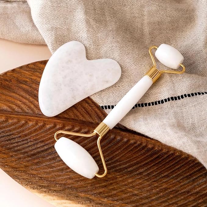 ROSELYNBOUTIQUE Gua Sha Facial Tools & Face Roller for Wrinkless Natural Skincare Tool Jade Roller Guasha Tool for Face Facial Massager (White Jade)-Velvo Beauty