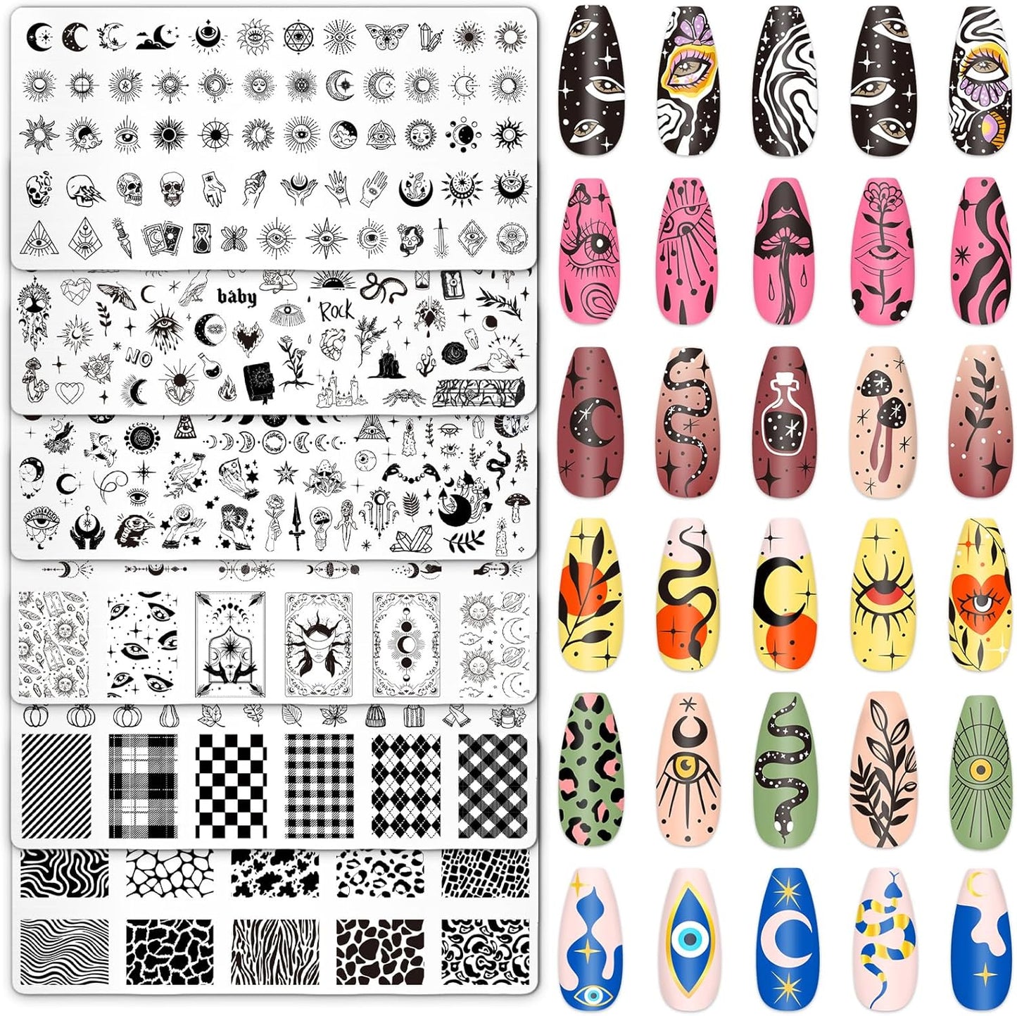 Whaline 6Pcs Gothic Halloween Nail Plates Stamping Set Skull Evil Eye Moon Stamp Templates Halloween Nail Art Plates for DIY Print Manicure Salon Design-Velvo Beauty