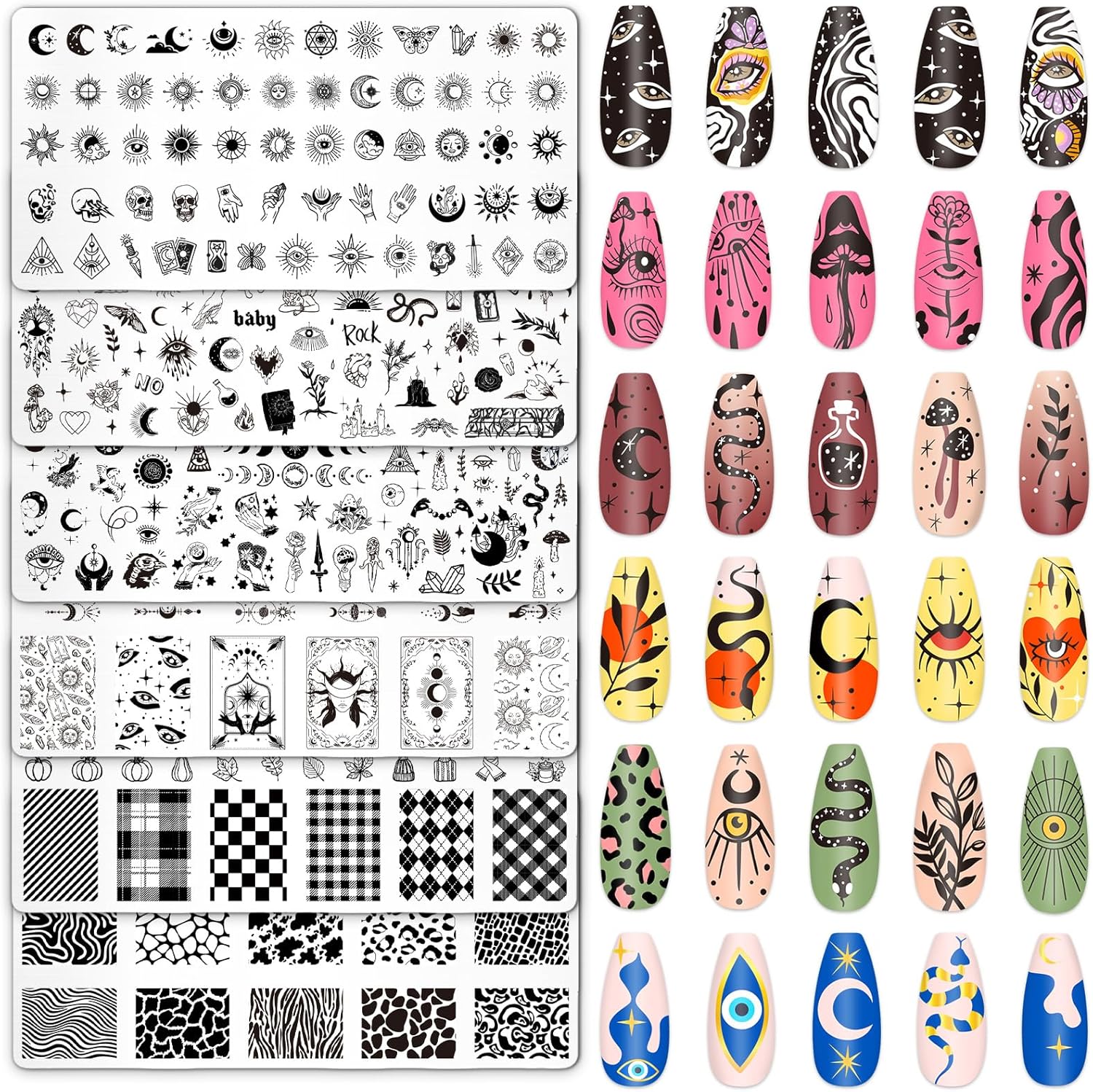 Whaline 6Pcs Gothic Halloween Nail Plates Stamping Set Skull Evil Eye Moon Stamp Templates Halloween Nail Art Plates for DIY Print Manicure Salon Design-Velvo Beauty