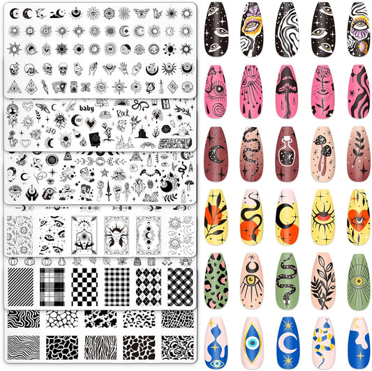 Whaline 6Pcs Gothic Halloween Nail Plates Stamping Set Skull Evil Eye Moon Stamp Templates Halloween Nail Art Plates for DIY Print Manicure Salon Design-Velvo Beauty