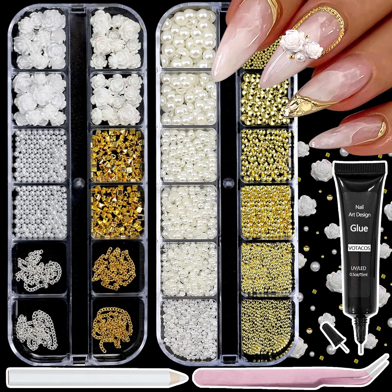 Nail Art Charms with Rhinestones Glue Gel White Flatback Pearls Luxurious Nail Charms Supplies Accessories Gold Silver Chains Nails Gems Jewelry Pearls for Women Nails Design-Velvo Beauty