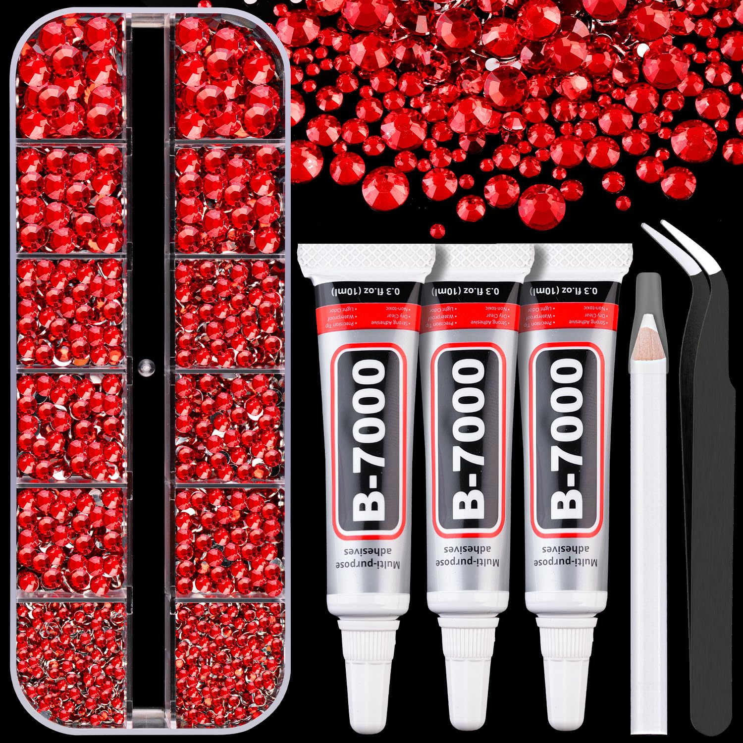 Resin Rhinestones for Crafting with B7000 Jewelry Glue, 1 Box Red Flatback Crystals with 3Pcs 10ml Glue for Bedazzling Crafts DIY Nail Art Makeup，Non Hotfix Gems for Clothing Shoes-Velvo Beauty