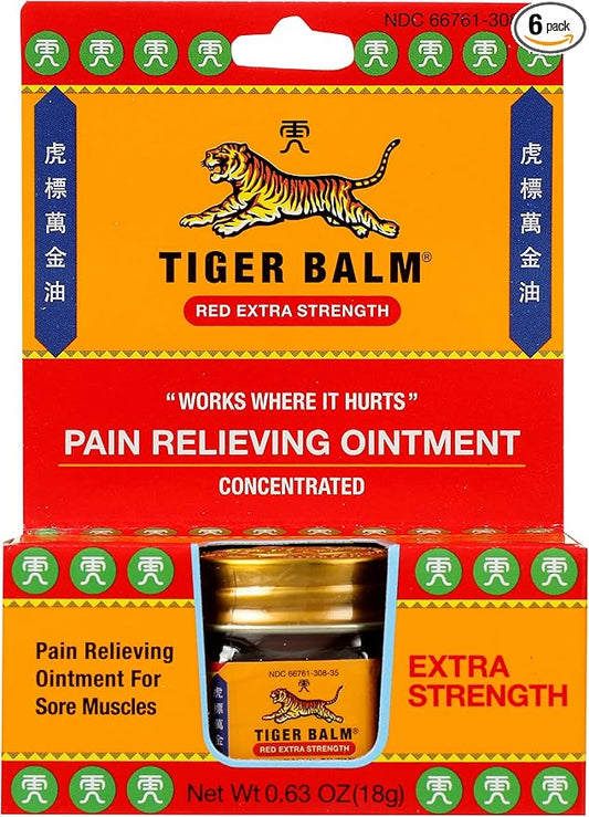 Tiger Balm Red Extra Strength Rub Balm, Alcohol Free, Cruelty Free, 0.63 Ounce (Pack of 6)-Velvo Beauty