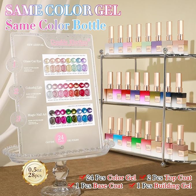 Double Rhythm 28Pcs 0.5Oz Glass Cat Eye Gel Nail Polish Set Same Color Same Bottle Soak Off Magnetic Jelly Gel Polish Kit Nail Art Manicure Salon DIY at Home (Nude Pink Blue Green-T24-10)-Velvo Beauty
