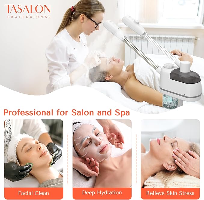 TASALON 2 in 1 Professional Facial Steamer on Wheels -with Ozone and Hot & Cold Mist, Ionic Facial Steamer Kit for Facial Deep Cleaning and Moisturize, SPA & Home, Ozone Face Humidifier (White)-Velvo Beauty