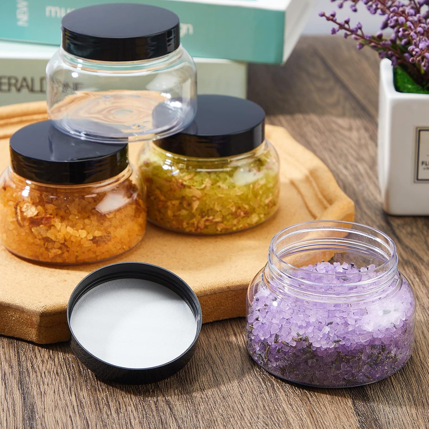 Tessco 24 Pack Plastic Jars with Lids Labels Empty Clear Plastic Jars Round Refillable Cosmetic Containers Body Butter Containers Bulk Sugar Scrub Bottle for Make Up (8 oz,Clear, Black)-Velvo Beauty