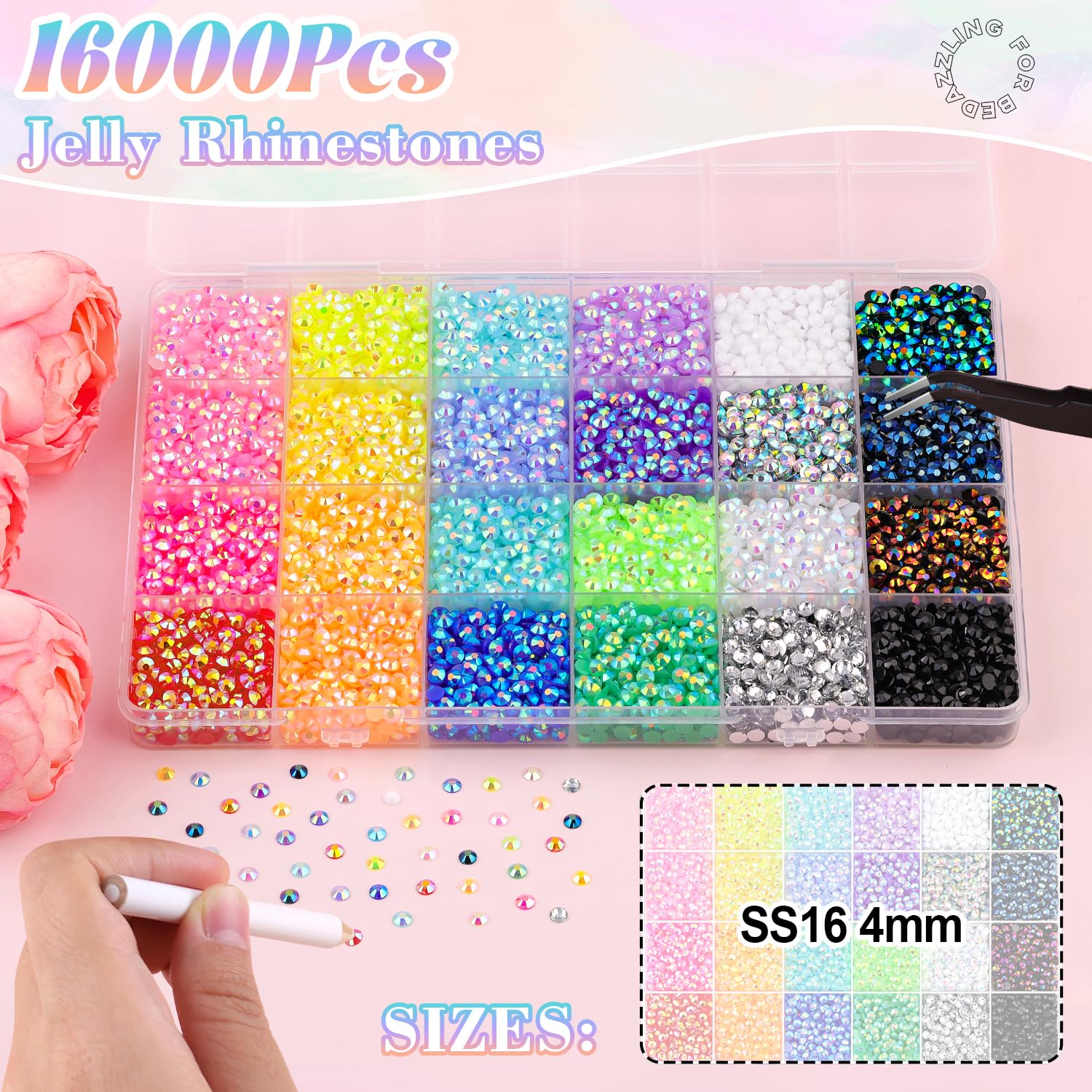 16000Pcs Resin Rhinestones for Bedazzling with B7000 Jewelry Glue, 4MM Colorful Gems Flatback Rhinestones for Crafting, Crystal for DIY Crafts Clothing Tumblers Mugs Shoes Fabric Decor Nail Art-Velvo Beauty